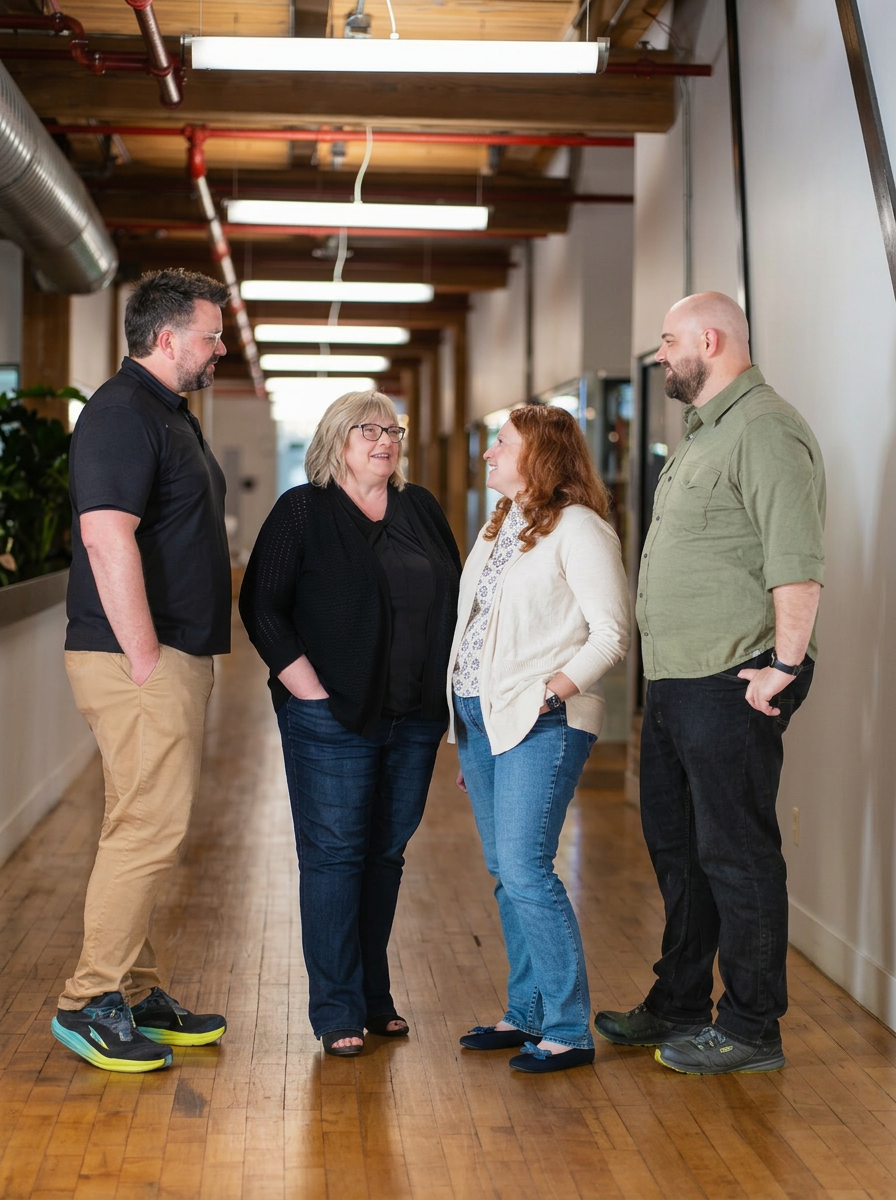 Xwurk team members talking together in the office